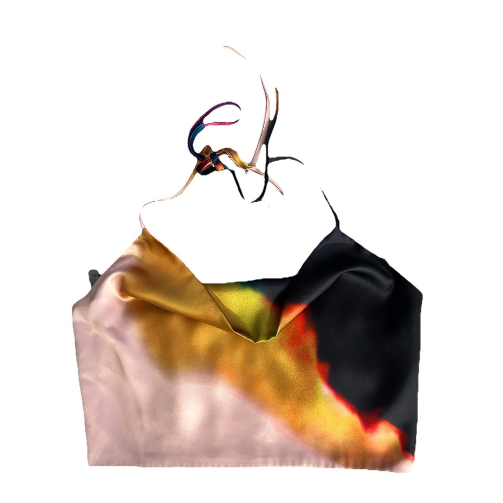 MICAS Abstract Aura Print Halter Crop Top L Satin Multicolored Y2K Retro‎ Indie